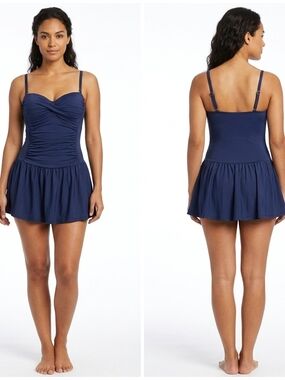 Liz Claiborne Navy Ruched Swim Dress with Skirted Hem
